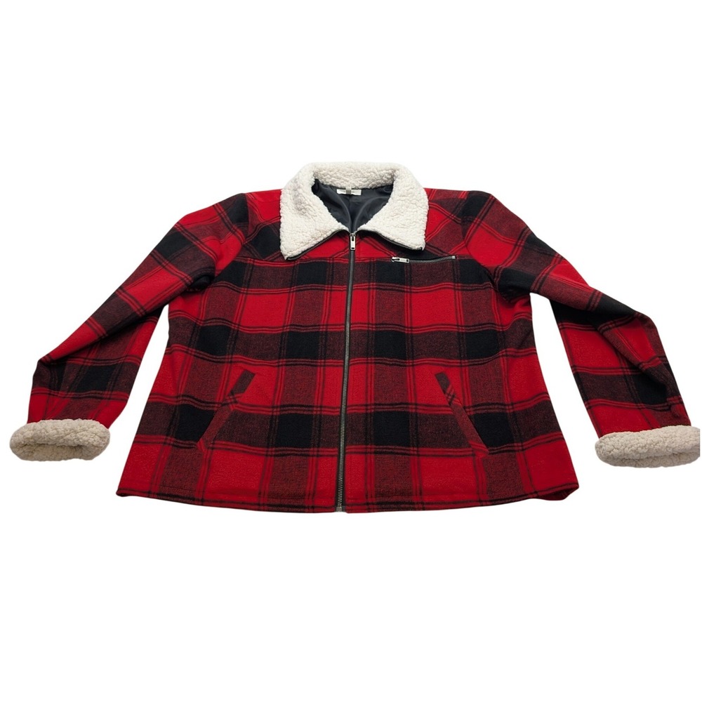 Maurices Buffalo Plaid Jacket Women XXL Red Black Sherpa Collar Wool Blend